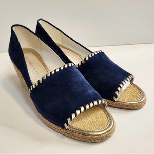 Jack Rogers Palmer Blue Suede Wedge Slip On Peep Toe Espadrilles Sandals Size 9
